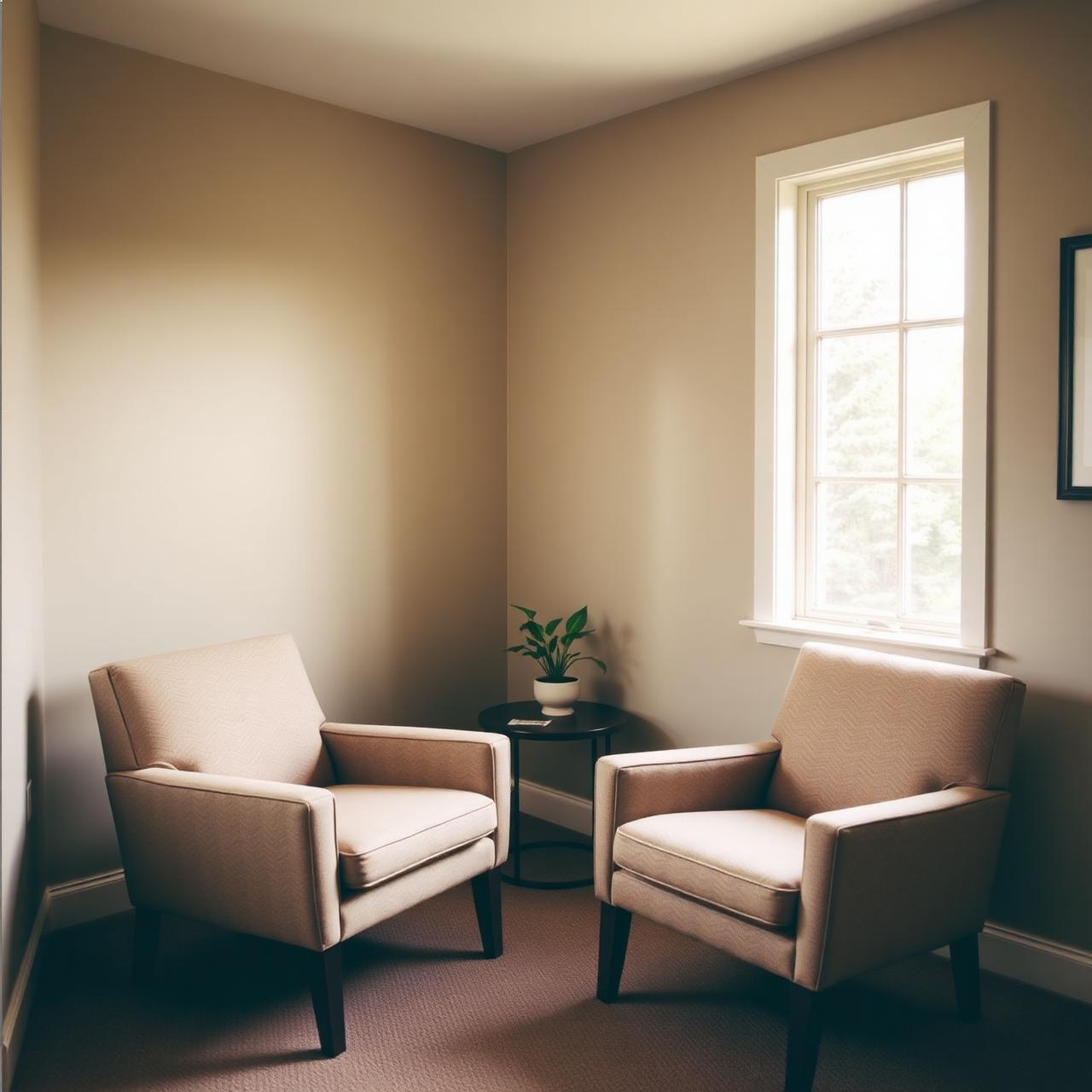 Calm, light-filled therapy office with two chairs